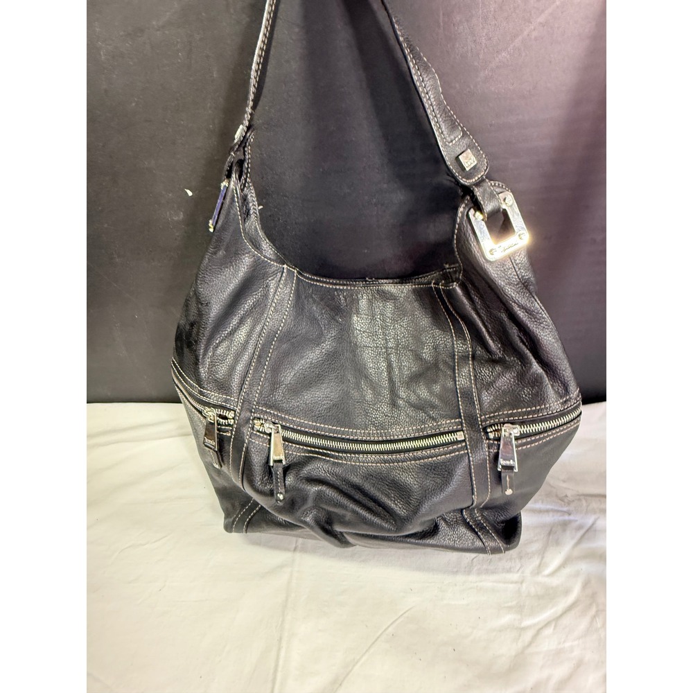 Tignanello Hobo Bag Womens Large Black Leather Good Triple Zip Shoulder Purse
